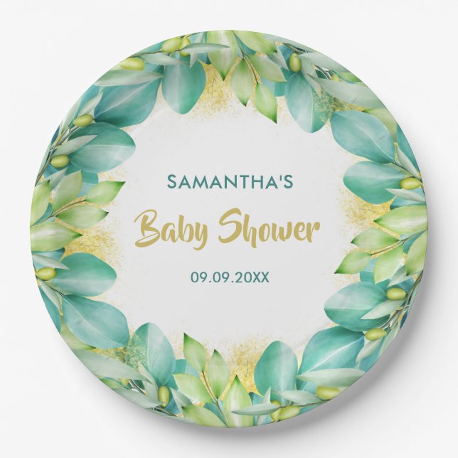 Assiettes En Carton Baby shower vert Eucalyptus Feuille Olive (Devant)