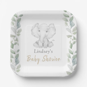 Assiettes En Carton Baby shower vert Eucalyptus petit éléphant