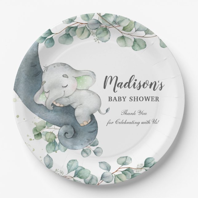 Assiettes En Carton Baby shower vert joli éléphant genre neutre  (Devant)