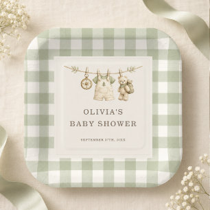 Assiettes En Carton Baby Shower Vert Sauge Gingham Forestier 