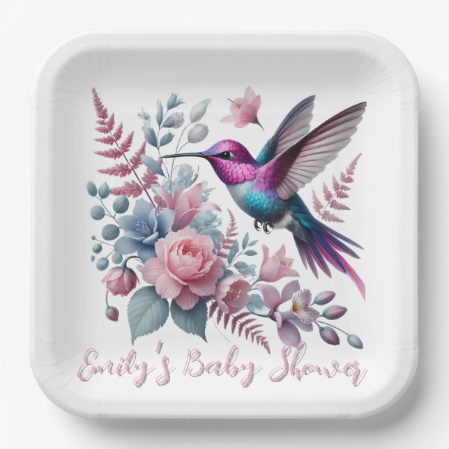 Assiettes En Carton Baby shower Vibrant De Colibri Et De Fleurs Roses (Recto)