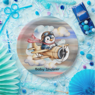 Assiettes En Carton Baby Shower Vintage Airplane Penguin Garçon