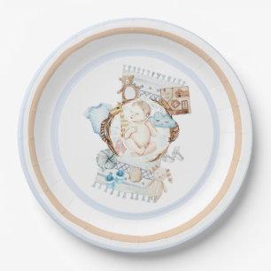 Assiettes En Carton Baby shower Vintage Bébé sur couverture Bleu bande