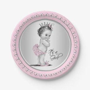 Assiettes En Carton Baby shower vintage de princesse Pink Silver Girl