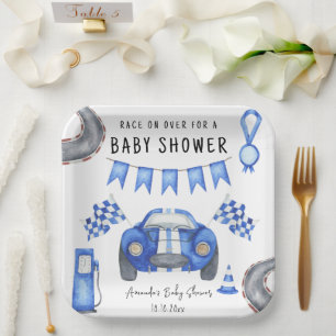 Assiettes En Carton Baby Shower Voiture de Course Bleue Aquarelle
