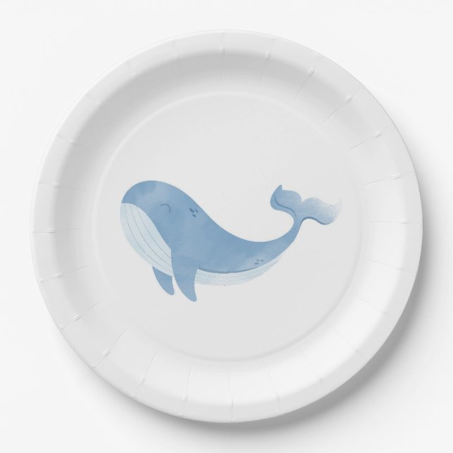 Assiettes En Carton Baby shower Watercolor Blue Whale (Devant)