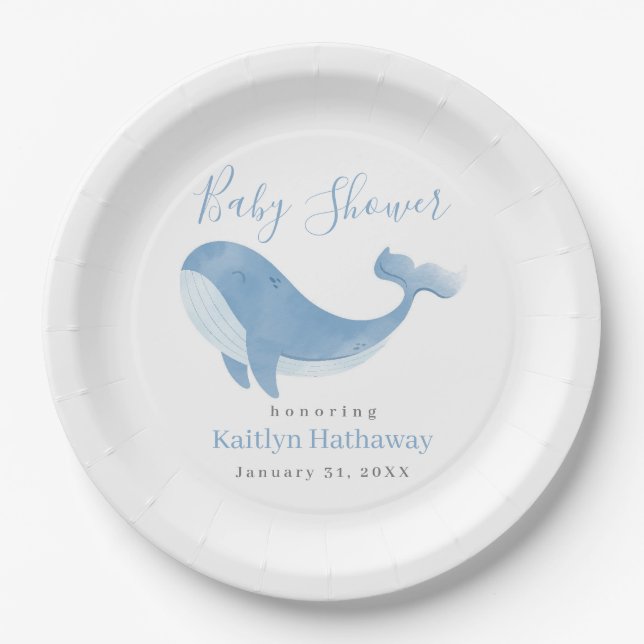 Assiettes En Carton Baby shower Watercolor Blue Whale (Devant)