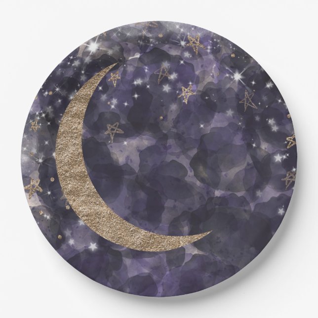 Assiettes En Carton Baby shower Whimsical Purple Gold Moon Stars (Devant)