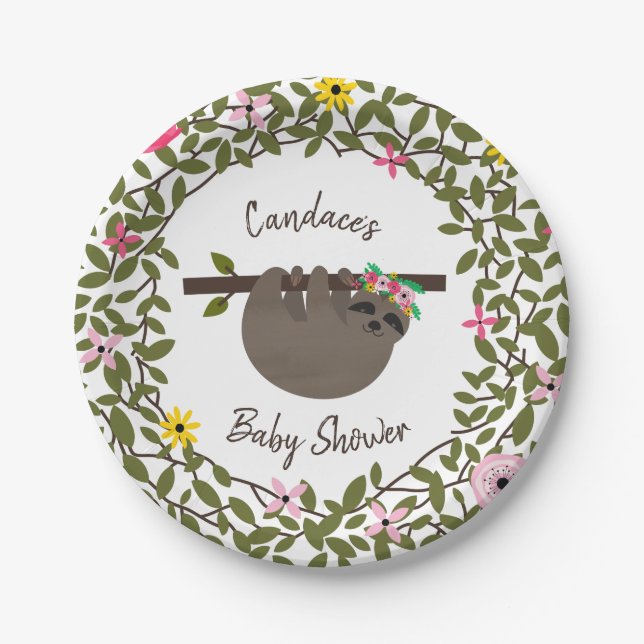 Assiettes En Carton Baby Sloth Verdure Baby shower Floral (Devant)
