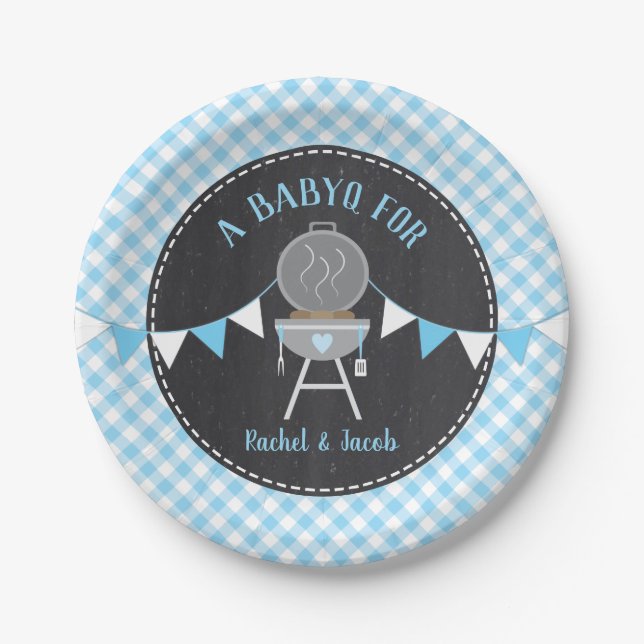 Assiettes En Carton BABYQ Blue En vichy Chalkboard Baby shower garçon (Devant)