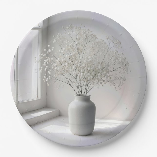 Assiettes En Carton Baby's Breath Bouquet In White Vase (Devant)