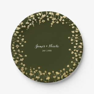 Assiettes En Carton Baby's Breath Floral Rustique Vert Olive Doré