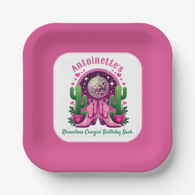 Assiettes En Carton Bachelorette Neon Pink Cowgirl Boots & Disco Ball (Recto)