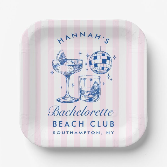 Assiettes En Carton Bachelorette Retro Disco Cocktail Bleu & Rose (Recto)