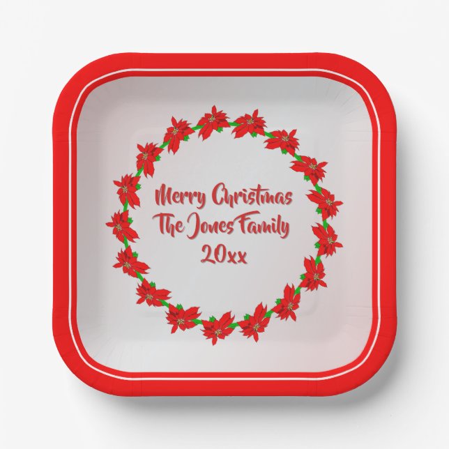 Assiettes En Carton Bague à fleurs rouge simple Poinsettia Joyeux Noël (Recto)