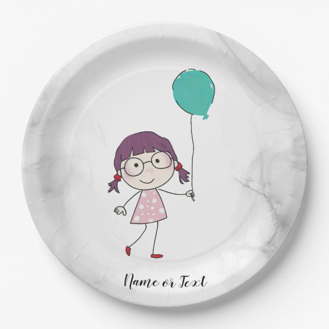 Assiettes En Carton Baguette d'aquarelle mignonne fille Balloon Turquo (Devant)
