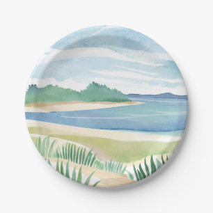 Assiettes En Carton Baie d'herbe de plage Océan aquarelle côte mer