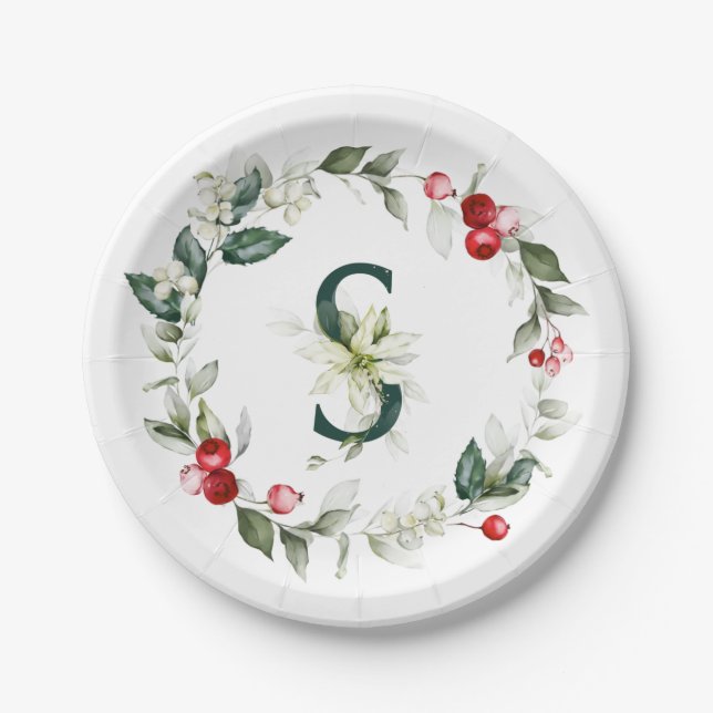 Assiettes En Carton Baies d'hiver Monogramme S Plaque en papier (Devant)