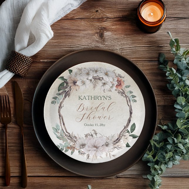Assiettes En Carton Baigne de mariée floral Bohème atténué automne (Boho Muted Fall Floral and Grapevine Wreath "Fall in Love"  Collection Bridal Shower Paper Plates)
