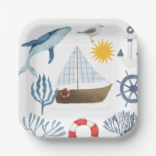 Assiettes En Carton Baignoire Bébé Baleine Nautique Aquarelle