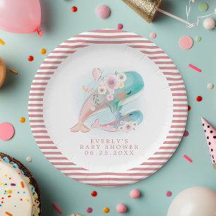Assiettes En Carton Bain de bébé fille aux baleines aquarelle florale