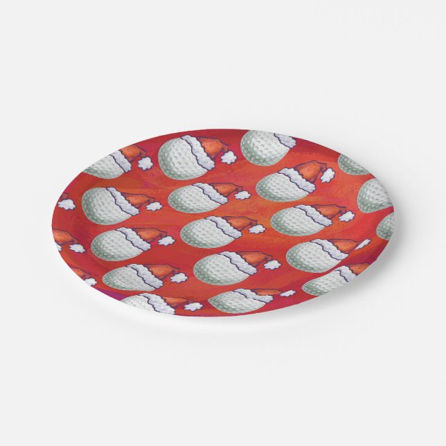Assiettes En Carton Bal de golf à Santa Hat Motif sur Red (Angle)