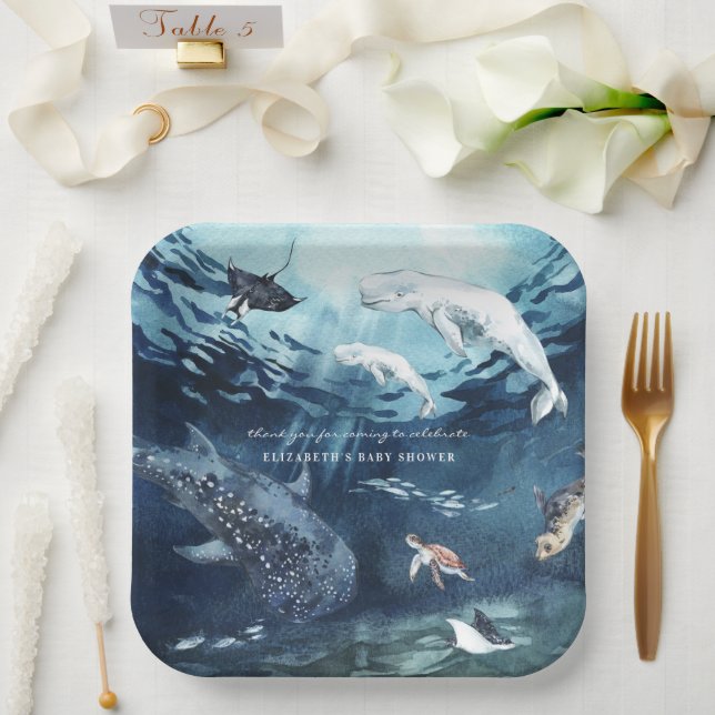 Assiettes En Carton Baleine de Beluga | Baby shower océanique (Mariage)