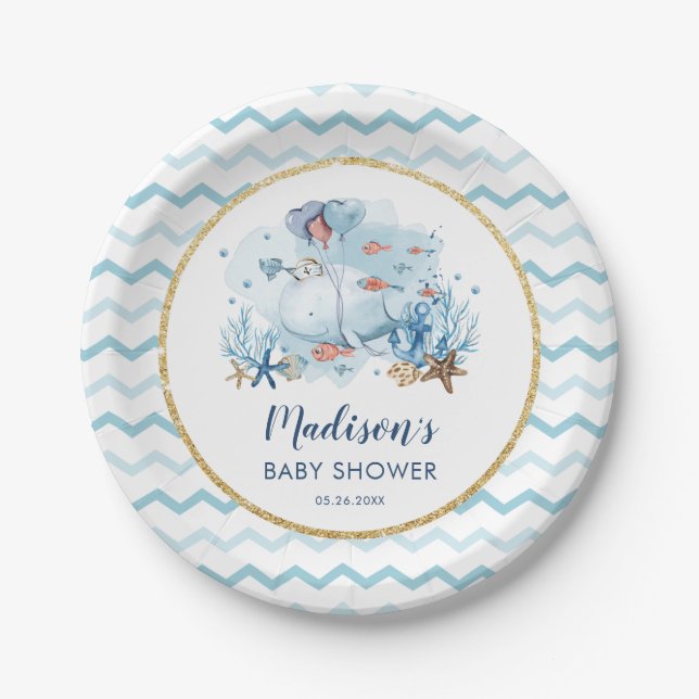Assiettes En Carton Baleine mignonne sous la mer Baby shower nautique (Devant)