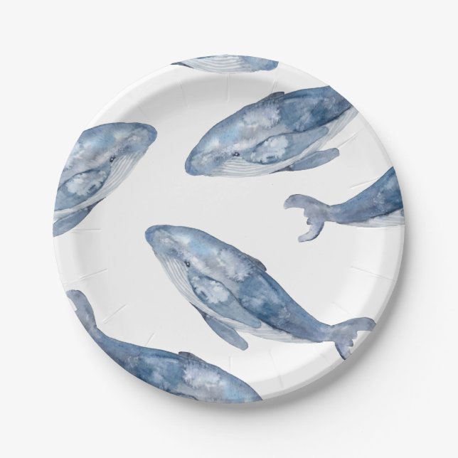 Assiettes En Carton Baleines à bosse en aquarelle (Devant)