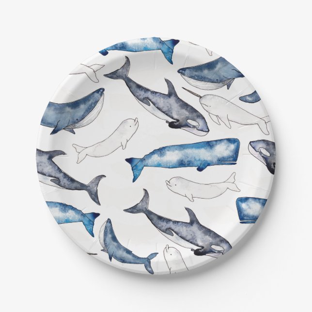 Assiettes En Carton Baleines aquarelles (Devant)