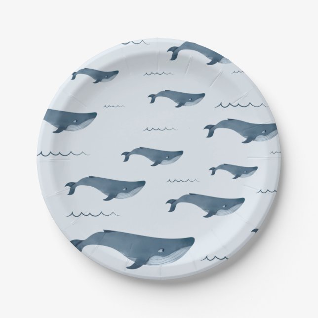 Assiettes En Carton Baleines Bleues Baignant Dans L'Océan (Devant)