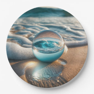 Assiettes En Carton Balle De Plage Avec Vague Océanique