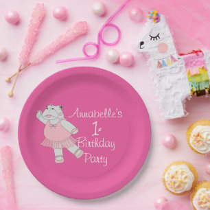 Assiettes En Carton Ballerine Hippopotame Rose 1er Anniversaire