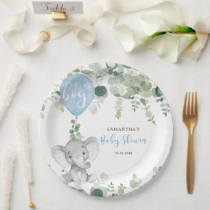 Assiettes En Carton Ballon bleu éléphant garçon baby shower verdure
