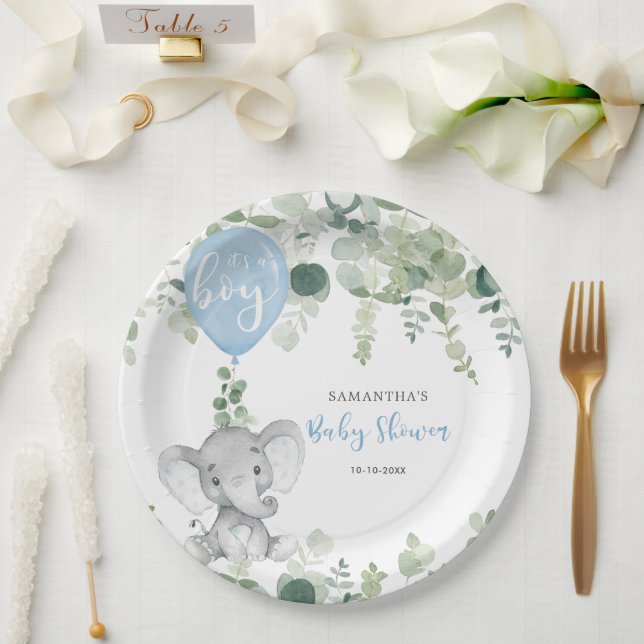 Assiettes En Carton Ballon bleu éléphant garçon baby shower verdure (Mariage)