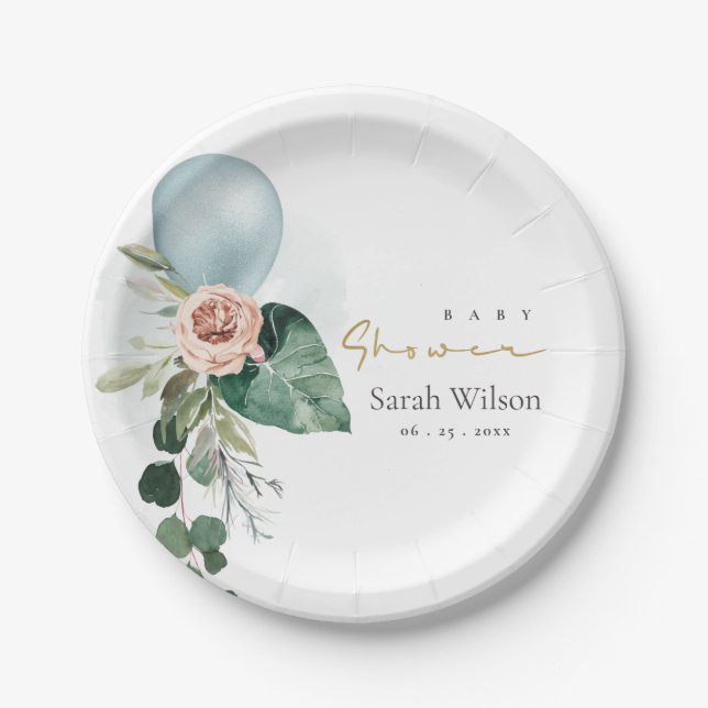 ASSIETTES EN CARTON BALLON BLEUE AQUA BABY SHOWER DE BUNCH FLORAL (Devant)