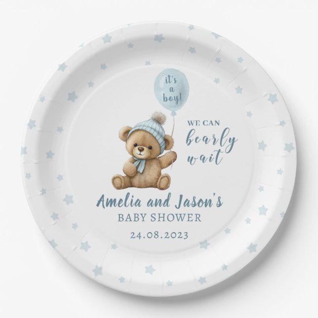 Assiettes En Carton Ballon d'ours bleu garçon baby shower plaques en p (Devant)