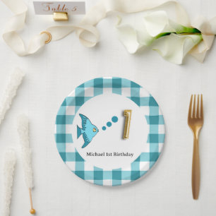 Assiettes En Carton Ballon en feuille d'or Gingham sarcelle Poisson 1e