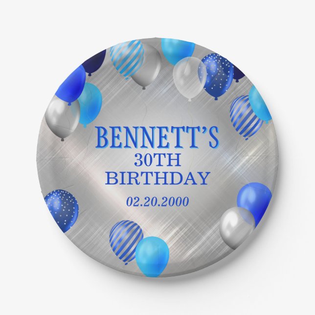 Assiettes En Carton Ballons Bleus Anniversaires (Devant)