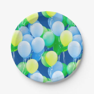 Assiettes En Carton Ballons bleus, jaunes et verts - Plaques en papier