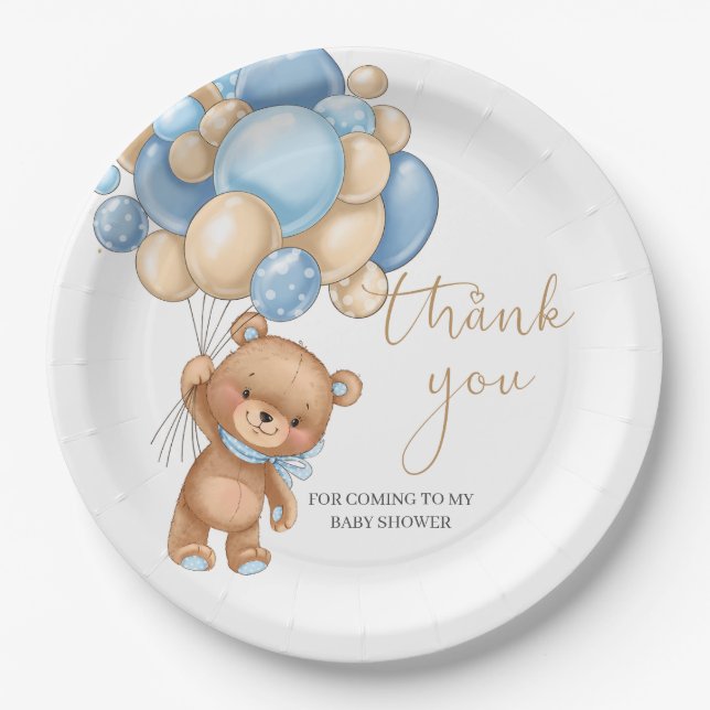 Assiettes En Carton Ballons Bleus Teddy Bear Baby shower Merci (Devant)