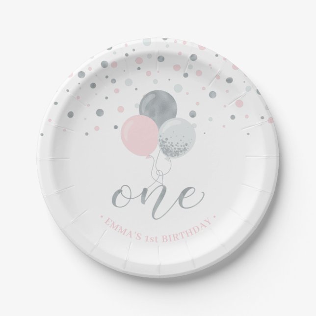 Assiettes En Carton Ballons Confetti Argent et Rose 1er anniversaire (Devant)