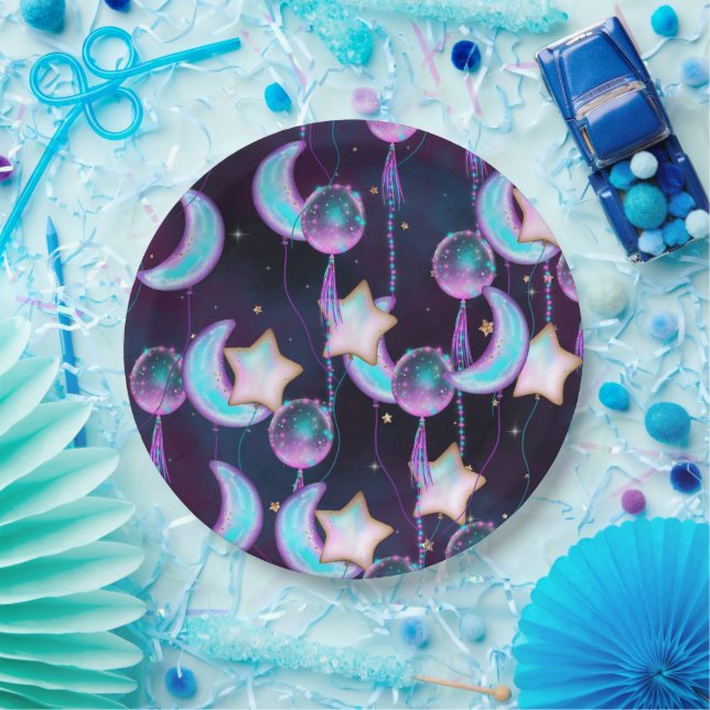 Assiettes En Carton Ballons cosmiques | Blue Purple Moon Stars Planète (Fête)