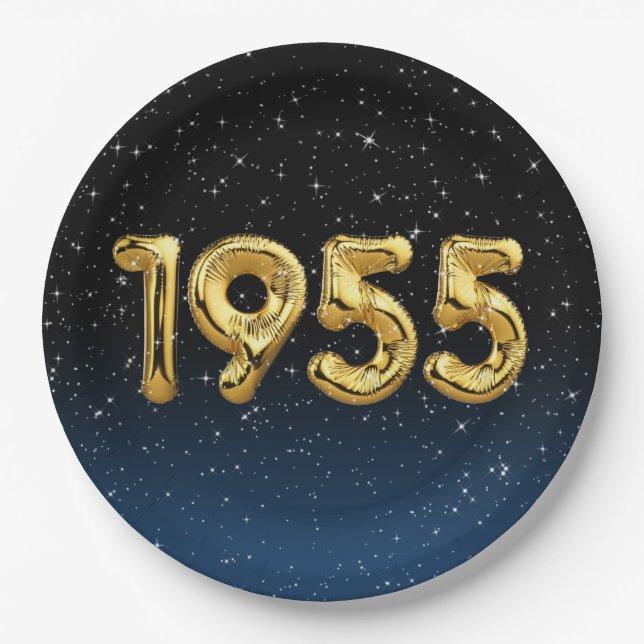 Assiettes En Carton Ballons D'Anniversaire 1955 En Étoiles (Devant)