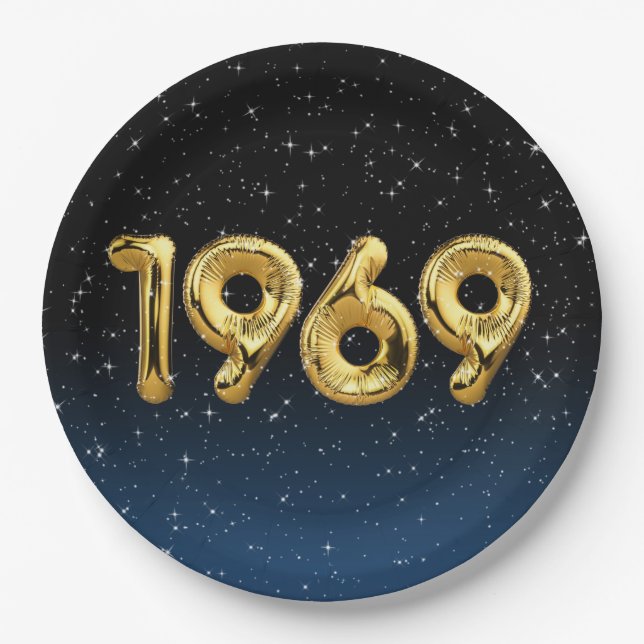 Assiettes En Carton Ballons D'Anniversaire 1969 En Étoiles (Devant)