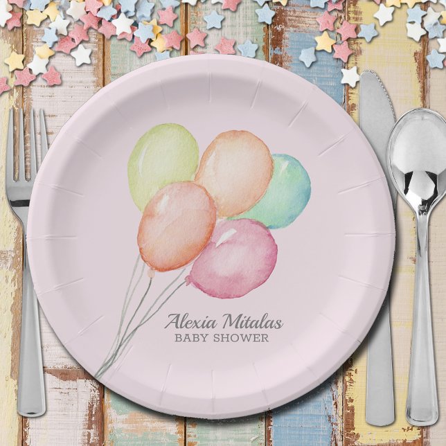 Assiettes En Carton Ballons d'aquarelle sur Baby shower rose (Watercolor Balloons on Pink Girl Unisex Baby Shower Paper Plates)