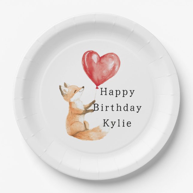 Assiettes En Carton Ballons de coeur animal de renard mou Anniversaire (Devant)