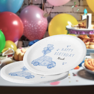 Assiettes En Carton Ballons de coeur et voiture mignonne Blue Annivers