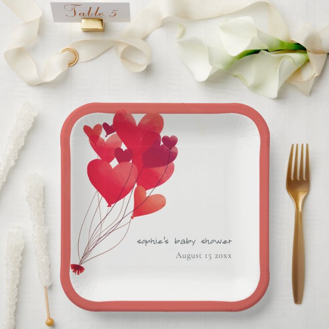 Assiettes En Carton Ballons de coeur rouge mignon Baby shower d'amour (Mariage)