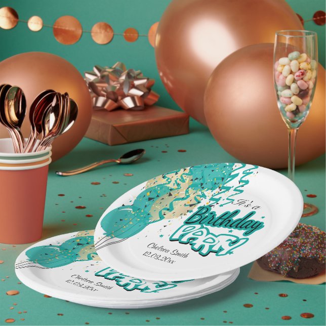 Assiettes En Carton Ballons de fête d'anniversaire - Turquoise (Multi)